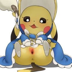 Rule 34 | 1girl, :3, anus, black eyes, black sclera, blue dress, blush, blush stickers, bonnet, clothed pokemon, clothes lift, colored sclera, cosplay pikachu, creatures (company), dress, dress lift, female focus, game freak, gen 1 pokemon, gloves, highres, lifting own clothes, long sleeves, looking at viewer, nintendo, no humans, open mouth, pikachu, pikachu belle, pokemon, pokemon (creature), pokemon oras, presenting, pussy, shoes, simple background, sitting, smile, solo, spread pussy, uncensored, white eyes, white footwear, white gloves, youjo modoki