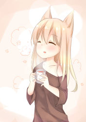 Rule 34 | 1girl, :d, ^ ^, absurdres, animal ears, black shirt, blonde hair, closed eyes, commentary request, cup, closed eyes, fang, fox ears, fox print, fujishio, highres, off shoulder, open mouth, original, oversized clothes, shirt, smile, solo, steam, tea, teacup