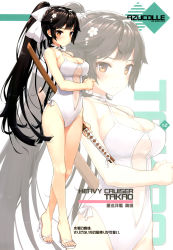 Rule 34 | 1girl, azur lane, bare arms, bare legs, bare shoulders, bow, breasts, casual one-piece swimsuit, character name, cleavage, copyright name, covered navel, criss-cross halter, feet, flower, full body, hair bow, hair flower, hair ornament, halterneck, high ponytail, highres, long hair, looking at viewer, nail polish, one-piece swimsuit, page number, pink nails, sandals, scan, see-through, solo, standing, swimsuit, sword, takao (azur lane), takao (beach rhapsody) (azur lane), takayaki, toenail polish, toenails, toes, very long hair, weapon, white bow, white one-piece swimsuit, wooden sword, zoom layer