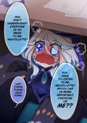 Rule 34 | 1boy, 1girl, blue headwear, blush, brooch, commentary, crying, english commentary, english text, furina (genshin impact), genshin impact, gloves, highres, jewelry, mamaprofennn, neuvillette (genshin impact), open mouth, speech bubble, twitter username, under table, white hair
