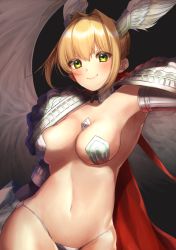 Rule 34 | 1girl, armpits, blonde hair, blush, breasts, closed mouth, fate/extella, fate/extra, fate (series), green eyes, head wings, highres, looking at viewer, medium breasts, navel, nero claudius (fate), nero claudius (fate) (all), nero claudius (saber venus) (fate), official alternate costume, short hair, smile, solo, white wings, wings, yayoi maka