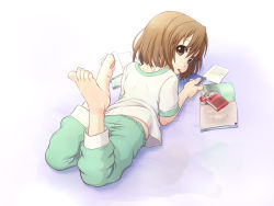 Rule 34 | 00s, 1girl, bad anatomy, bad feet, bad id, bad pixiv id, barefoot, brown eyes, brown hair, feet, female focus, food, full body, gradient background, hirasawa yui, k-on!, lying, magazine (object), mouth hold, on stomach, pajamas, pocky, poorly drawn, short hair, solo, takeda yukimura, toes