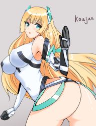 Rule 34 | 1girl, angela balzac, ass, bare shoulders, blonde hair, blue eyes, blush, bodysuit, breasts, elbow gloves, from behind, gloves, headgear, hifumi hajime, large breasts, leaning, leaning forward, leotard, long hair, looking at viewer, looking back, low twintails, open mouth, rakuen tsuihou, shiny clothes, shiny skin, solo, thong, thong leotard, twintails, very long hair