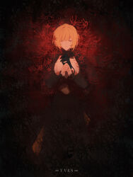 Rule 34 | 1girl, absurdres, black sleeves, blonde hair, ceres (shuuen no virche), closed eyes, closed mouth, facing viewer, flower, highres, lying, on back, own hands together, red flower, shirt, short hair, shuuen no virche, skirt, solo, spider lily, w047, white shirt, yellow skirt