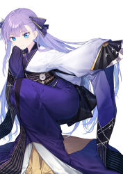 Rule 34 | 1girl, blue eyes, coffeekite, fate/grand order, fate (series), highres, japanese clothes, kimono, long hair, long sleeves, looking at viewer, meltryllis (fate), purple hair, simple background, smile, solo