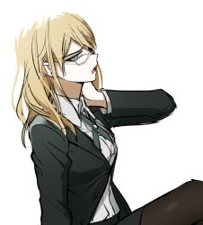 Rule 34 | 1girl, annoyed, black jacket, black pantyhose, blonde hair, breasts, collared shirt, danganronpa: trigger happy havoc, danganronpa (series), from side, genderswap, genderswap (mtf), glasses, green eyes, hand on own neck, jacket, long hair, long sleeves, looking at viewer, medium breasts, no (xpxz7347), open mouth, pantyhose, shirt, simple background, sitting, sketch, solo, togami byakuya, white background, white shirt