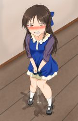 Rule 34 | 1girl, between legs, black footwear, blue bow, blue dress, blush, bow, breasts, brown eyes, brown hair, clenched teeth, crying, dress, female focus, full body, hair bow, hair ornament, half-closed eye, hand between legs, have to pee, highres, idolmaster, idolmaster cinderella girls, indoors, knees together feet apart, long hair, looking at viewer, nabuki32, one eye closed, peeing, peeing self, puddle, shoes, small breasts, socks, solo, standing, steam, sweat, tachibana arisu, tears, teeth, trembling, v arms, wavy mouth, wet, wet clothes, white socks