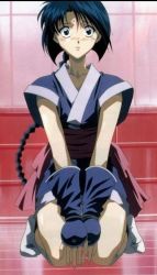 Rule 34 | 1girl, anime screenshot, black eyes, blue eyes, blush, braid, japanese clothes, kneeling, makimachi misao, rurouni kenshin, screencap, solo focus
