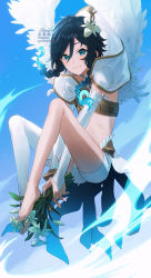 Rule 34 | 1boy, androgynous, angel wings, aqua eyes, aqua hair, black hair, bouquet, braid, bridal gauntlets, elbow gloves, feathered wings, flower, genshin impact, gloves, gradient hair, hair flower, hair ornament, highres, holding, holding bouquet, looking at viewer, male focus, multicolored hair, rowya, short hair with long locks, shorts, single thighhigh, smile, thighhighs, venti (archon) (genshin impact), venti (genshin impact), white flower, white gloves, white shorts, white thighhighs, wings