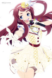 Rule 34 | 1girl, :d, absurdres, bloom, buttons, copyright name, cowboy shot, feather hair ornament, gloves, hair ornament, highres, idol clothes, magazine scan, megami magaine, microphone, minamoto sakura, mori yuusa, music, official art, open mouth, reaching, reaching towards viewer, red hair, scan, see-through, simple background, singing, smile, solo, uniform, white background, white gloves, zombie land saga