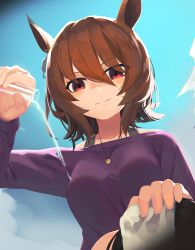 Rule 34 | 1girl, 1other, agnes tachyon (umamusume), animal ears, bare shoulders, black hair, blue sky, breasts, brown hair, cloud, collarbone, commentary request, day, ear piercing, hair between eyes, holding, horse ears, lap pillow, long sleeves, natori youkai, off-shoulder shirt, off shoulder, outdoors, piercing, pouring, purple shirt, red eyes, shirt, sky, small breasts, solo focus, towel, umamusume, vial