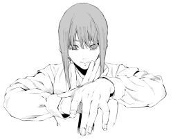 Rule 34 | 1girl, chainsaw man, collared shirt, commentary request, cropped torso, expressionless, greyscale, highres, long hair, long sleeves, looking at viewer, makima (chainsaw man), monochrome, necktie, own hands together, ringed eyes, shirt, sidelocks, simple background, solo, straight-on, upper body, vice (kuronekohadokoheiku)