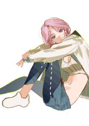 Rule 34 | 1girl, absurdres, arknights, arms on knees, blue eyes, blue pants, blue poison (arknights), blue poison (shoal beat) (arknights), braid, breasts, cleavage, closed mouth, commentary, earrings, hands on own knees, highres, jacket, jewelry, midriff, navel, official alternate costume, open clothes, open jacket, pants, pink hair, sitting, solo, sports bra, tanuka (tnk0150), twin braids, white background, white footwear, white jacket, white sports bra, yoga pants
