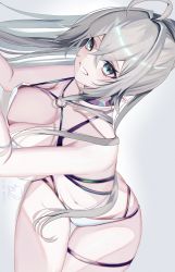 Rule 34 | 1girl, absurdres, ahoge, alt text, bare shoulders, bikini, black choker, borrowed character, breast rest, breasts, choker, cleavage, collarbone, commentary, crossed bangs, exif rotation, grey hair, highres, huge ahoge, korean commentary, large breasts, looking at viewer, o-ring, o-ring bikini, original, pointy ears, sazanami (re n rentaro), silvi (chyan), simple background, slit pupils, smile, solo, strap gap, swimsuit, thigh strap, twitter username, white bikini