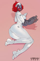 Rule 34 | 1girl, ahoge, android, arm cannon, ass, borrowed character, breasts, commentary, completely nude, dated, emoji, english commentary, fiona (psyk323), full body, highres, humanoid robot, joints, large breasts, looking at viewer, lying, metal skin, no nipples, norasuko, nude, on side, original, pink background, red hair, robot, robot joints, short hair, signature, solo, weapon