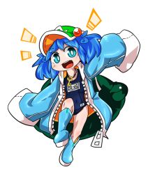 Rule 34 | 1girl, alternate costume, backpack, bag, blue eyes, blue hair, boots, byourou, chibi, full body, hair bobbles, hair ornament, hat, kawashiro nitori, key, looking at viewer, matching hair/eyes, open mouth, oversized clothes, rubber boots, school swimsuit, short hair, simple background, sleeves past wrists, smile, solo, swimsuit, swimsuit under clothes, touhou, twintails, two side up, white background