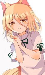 Rule 34 | 1girl, animal ears, banned artist, blonde hair, blush, bow, brown eyes, closed mouth, commentary request, eyes visible through hair, fox ears, fox tail, green bow, green ribbon, hair between eyes, hands up, highres, kudamaki tsukasa, looking at viewer, own hands together, ribbon, romper, short hair, short sleeves, simple background, smile, solo, standing, tail, touhou, white background, zerokosan