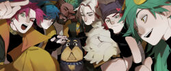 Rule 34 | animal, animal collar, aphelios, bandaid, bandaid on face, bandaid on nose, beard, black gloves, black jacket, black nails, blue eyes, blue hair, closed eyes, closed mouth, collar, colored sclera, dark-skinned male, dark skin, dog, ezreal, facial hair, fur-trimmed jacket, fur trim, gloves, green eyes, green hair, hat, heartsteel (league of legends), heartsteel aphelios, heartsteel ezreal, heartsteel k&#039;sante, heartsteel kayn, heartsteel sett, heartsteel yone, heterochromia, highres, jacket, k&#039;sante (league of legends), kayn (league of legends), knbn 0728, league of legends, long hair, looking at another, multicolored hair, official alternate costume, open mouth, pants, pink hair, red eyes, red hair, red sclera, sett, short hair, smile, two-tone hair, white hair, yellow eyes, yellow pants, yone (league of legends)