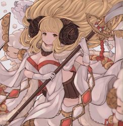 Rule 34 | 1girl, anila (granblue fantasy), blonde hair, blunt bangs, breasts, brown skirt, cleavage, closed mouth, draph, gloves, granblue fantasy, highres, holding, holding lance, holding polearm, holding weapon, horns, lance, large breasts, long hair, looking at viewer, polearm, rice tea, sheep, sheep horns, short eyebrows, skirt, smile, solo, thick eyebrows, weapon, white gloves, yellow eyes