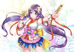 Rule 34 | 1girl, artist request, blush, bow, card, crazypen, female focus, flower, green eyes, holding, holding card, japanese clothes, kimono, long hair, looking at viewer, love live!, love live! school idol festival, love live! school idol project, multicolored clothes, multicolored skirt, nail, nail polish, pink flower, pink nails, purple bow, purple hair, red ribbon, ribbon, skirt, smile, solo, tojo nozomi, twintails, wrist cuffs