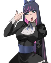 Rule 34 | 1girl, black dress, blue eyes, blue hair, blue nails, blue neckwear, blue ribbon, breasts, dress, finger gun, hair ribbon, highres, jourd4n, looking at viewer, multicolored hair, nail polish, open mouth, panty &amp; stocking with garterbelt, pink hair, ribbon, shirt, solo, stocking (psg), tongue, tongue out, two-tone hair, upper body, white background, white shirt