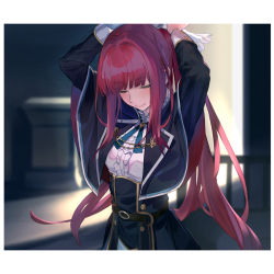 Rule 34 | 1girl, arms up, black capelet, black jacket, blue ribbon, blunt bangs, blurry, blurry background, blush, breasts, capelet, center frills, closed eyes, closed mouth, depth of field, frills, highres, houkago wa isekai kissa de coffee wo, indoors, jacket, linaria (isekai coffee), long hair, long sleeves, red hair, ribbon, shirt, sidelocks, small breasts, solo, standing, u jie, very long hair, white shirt