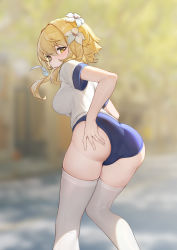 Rule 34 | 1girl, absurdres, ass, blonde hair, blue buruma, blurry, blurry background, breasts, buruma, feet out of frame, flower, genshin impact, hair flower, hair ornament, highres, leaning forward, looking at viewer, looking back, lumine (genshin impact), medium breasts, outdoors, parted lips, revision, saw272, shirt, short hair with long locks, sidelocks, solo, t-shirt, thighhighs, thighs, white flower, white shirt, white thighhighs, yellow eyes