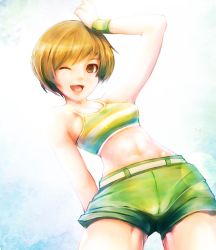 Rule 34 | 1girl, ;d, abs, bad id, bad pixiv id, bob cut, brown eyes, brown hair, cameltoe, garasho000, midriff, one eye closed, open mouth, otoufu (otohow), persona, persona 4, persona 4 the golden, satonaka chie, short hair, shorts, smile, solo, sports bra, swimsuit, tomboy
