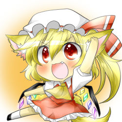 Rule 34 | &gt;:3, 1girl, :3, animal ears, arm up, ascot, bad id, bad pixiv id, blonde hair, blush, cat ears, cat girl, cat tail, chibi, fang, female focus, flandre scarlet, hat, kemonomimi mode, necktie, open mouth, rebecca (keinelove), red eyes, shirt, skirt, skirt set, solo, tail, embodiment of scarlet devil, touhou, v-shaped eyebrows, wings