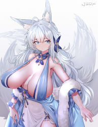 Rule 34 | 1girl, absurdres, animal ears, azur lane, blue dress, blue eyes, breasts, breasts apart, covered navel, dress, expressionless, fox ears, fox tail, hair ornament, halterneck, highres, huge breasts, jingb dx, long hair, multiple tails, shinano (azur lane), shinano (dreams of the hazy moon) (azur lane), silver hair, simple background, solo, stole, tail, very long hair, white background