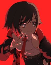 Rule 34 | 1girl, ar jart, artist name, belt, black hair, closed mouth, gradient hair, grey eyes, hand on own hip, jacket, leaning forward, looking at viewer, multicolored hair, necktie, open clothes, open jacket, red background, red hair, ruby rose, rwby, shaded face, shirt, short hair, sleeveless, sleeveless shirt, smile, solo, v