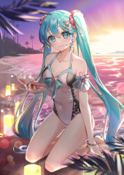 Rule 34 | 1girl, absurdres, alternate costume, aqua bow, aqua eyes, aqua hair, aqua nails, arm garter, arm tattoo, artist name, bare legs, bare shoulders, barefoot, beach, bead bracelet, beads, black one-piece swimsuit, blush, bow, bracelet, breasts, cleavage, closed mouth, collarbone, commentary, covered navel, cute took, earrings, floral print, frilled garter, full body, glint, gradient sky, hair beads, hair ornament, hair scrunchie, halterneck, hatsune miku, highleg, highleg swimsuit, highres, holding, holding shell, jewelry, kneeling, lamp, long hair, looking at viewer, medium breasts, mountainous horizon, nail polish, number tattoo, ocean, one-piece swimsuit, orange sky, outdoors, palm tree, print swimsuit, purple sky, rainbow, scrunchie, seashell, shell, shell hair ornament, shore, sidelocks, sky, smile, solo, sparkle, star (symbol), sunlight, sunset, swimsuit, tattoo, thighs, tree, twintails, two-tone swimsuit, very long hair, vocaloid, water, white one-piece swimsuit