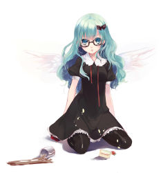 Rule 34 | 1girl, angel wings, blue eyes, blue hair, cake, cup, food, food on clothes, fruit, glasses, hair ribbon, itou nanami, long hair, matching hair/eyes, original, pantyhose, ribbon, short sleeves, simple background, sitting, solo, spill, strawberry, wariza, wavy hair, wings