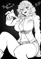 Rule 34 | absurdres, bare legs, black background, breasts, commission, fingerless gloves, freckles, glasses, gloves, greyscale, hand up, highres, jacket, large breasts, long sleeves, medium hair, midriff, monochrome, navel, open clothes, open jacket, open mouth, original, patterned background, red eyes, round eyewear, shirt, short shorts, shorts, sitting, skeb commission, spot color, thighs, tongue, yotsumi shiro