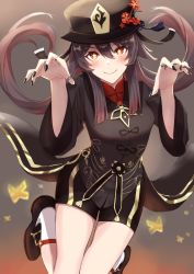 Rule 34 | 1girl, black footwear, black hat, black nails, black shirt, black shorts, breasts, brown hair, chinese clothes, claw pose, closed mouth, floating hair, genshin impact, gold trim, hair between eyes, hat, highres, hu tao (genshin impact), jewelry, legs up, long hair, long sleeves, looking at viewer, multiple rings, nail polish, red eyes, ring, shirt, shoes, short shorts, shorts, small breasts, smile, smodzz998, socks, solo, star-shaped pupils, star (symbol), symbol-shaped pupils, tailcoat, thighs, twintails, white socks, wide sleeves