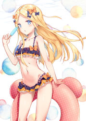 Rule 34 | 1girl, abigail williams (emerald float) (fate), abigail williams (fate), bare shoulders, bikini, black bikini, black bow, blonde hair, blue eyes, blush, bow, breasts, collarbone, emerald float, fate/grand order, fate (series), food, forehead, frilled bikini, frills, hair bow, highres, innertube, kyaroru, long hair, looking at viewer, multiple hair bows, navel, official alternate costume, open mouth, orange bow, parted bangs, polka dot, polka dot bow, popsicle, small breasts, solo, swim ring, swimsuit, thighs