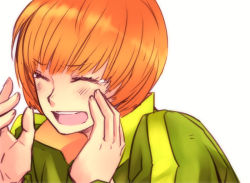 Rule 34 | 1girl, atlus, blush, bob cut, bowl cut, brown hair, closed eyes, goodbye, hands on own face, jacket, open mouth, persona, persona 4, saeuchobab, satonaka chie, short hair, smile, solo, tears, track jacket