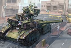 Rule 34 | 1girl, absurdres, building, car, caterpillar tracks, closed mouth, commentary, english commentary, green eyes, green hair, heterochromia, highres, level-00, long hair, mecha musume, military vehicle, mismatched pupils, motor vehicle, original, outdoors, red pupils, road, tank, yellow eyes