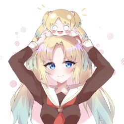 Rule 34 | 1girl, :d, aqua hair, arms up, blonde hair, blue eyes, blush, blush stickers, breasts, character doll, closed mouth, commentary request, doll on head, fang, flower, gradient hair, hair flower, hair ornament, highres, link! like! love live!, long hair, looking at viewer, love live!, medium breasts, milshye7, multicolored hair, nesoberi, notice lines, o o, open mouth, osawa rurino, parted bangs, pink flower, smile, solo, twintails, upper body, virtual youtuber, white background, white flower