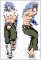 Rule 34 | 1boy, abs, armor, barefoot, belt, blue hair, bow, crop top, cuffs, dakimakura (medium), greaves, hair bow, long hair, low-tied long hair, male focus, manly, multiple views, muscular, open belt, pectorals, regal bryan, shackles, tales of (series), tales of symphonia, toes, topless male, zyunya
