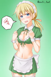 Rule 34 | 1girl, adapted costume, alternate costume, anti (untea9), apron, bikini, bikini skirt, blonde hair, blue eyes, blunt bangs, breasts, collarbone, commentary request, enmaided, frilled apron, frills, garter straps, green bikini, highres, kantai collection, long hair, looking at viewer, low ponytail, maid, maid bikini, maid headdress, medium breasts, navel, shin&#039;you (kancolle), shrug (clothing), solo, swimsuit, unconventional maid, waist apron, white apron