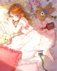 Rule 34 | 1girl, barefoot, blue eyes, bottle, bow, brown hair, chain, cold pack, dress, hami yura, highres, lying, mouth hold, on bed, on side, pill, pillow, rabbit, spill, stuffed animal, stuffed toy, teddy bear, white dress