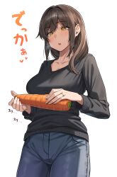 Rule 34 | 1girl, absurdres, black shirt, blush, breasts, breath, brown hair, carrot, collarbone, denim, highres, holding, holding carrot, jacket, jeans, jewelry, ka ze na mi, large breasts, long sleeves, looking at food, mature female, original, pants, ring, shirt, simple background, solo, sweatdrop, track jacket, wedding ring, white background