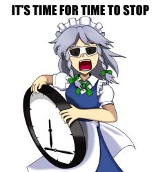 Rule 34 | 1girl, angry, clock, english text, female focus, filthy frank, izayoi sakuya, looking at viewer, meme, open mouth, solo, sunglasses, touhou, transparent background, tvfilthyfrank