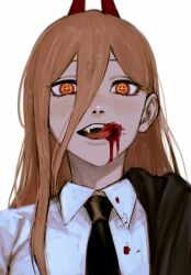 Rule 34 | 1girl, black jacket, black necktie, blood, blood on clothes, blood on face, brown hair, chainsaw man, collared shirt, cross-shaped pupils, fangs, hair between eyes, highres, horns, jacket, licking blood, long hair, looking at viewer, necktie, off shoulder, open mouth, power (chainsaw man), raberu ruru, red eyes, red horns, shirt, simple background, solo, symbol-shaped pupils, tongue, tongue out, white background, white shirt