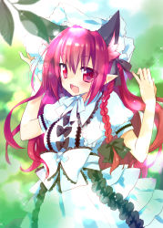 Rule 34 | 1girl, :d, alternate costume, animal ears, blush, braid, cat ears, extra ears, fang, highres, kaenbyou rin, long hair, looking at viewer, mao (alepricos), open mouth, pointy ears, red eyes, red hair, smile, solo, tail, touhou, twin braids