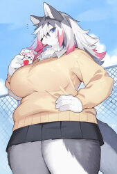 1girl animal_ears animal_nose blue_eyes blue_sky breasts cloud commentary_request day drinking drinking_straw drinking_straw_in_mouth fence furry furry_female grey_fur grey_hair highres holding_carton kishibe large_breasts looking_at_viewer medium_hair multicolored_hair original outdoors pink_hair plump sky snout solo sweater_vest tail thick_eyebrows thick_thighs thighs two-tone_fur white_fur white_hair yellow_sweater_vest