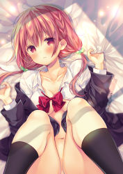 Rule 34 | 1girl, bed, bed sheet, black jacket, black legwear, bow, braid, breasts, collarbone, commentary request, green ribbon, hair ribbon, highres, hinako note, jacket, legs, light particles, long hair, lying, march-bunny, medium breasts, navel, on back, orange hair, parted lips, red bow, red eyes, ribbon, sakuragi hinako, sheet grab, shirt, signature, solo, thighs, twintails, white shirt