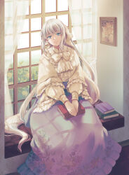 Rule 34 | 1girl, blue eyes, blue skirt, book, bow, collared dress, dress, fate/grand order, fate (series), floral print, frilled dress, frills, grey hair, hair bow, long hair, long skirt, long sleeves, looking at viewer, morgan le fay (fate), ponytail, shuiqin, sidelocks, sitting, skirt, smile, solo, very long hair, white bow, white dress