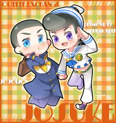 Rule 34 | 2boys, black hair, blue eyes, chibi, cosplay, costume switch, dixie cup hat, hat, higashikata josuke, higashikata josuke (jojolion), higashikata jousuke (jojolion) (cosplay), jojo no kimyou na bouken, jojolion, male focus, military hat, multiple boys, pompadour, sailor, trudy0816